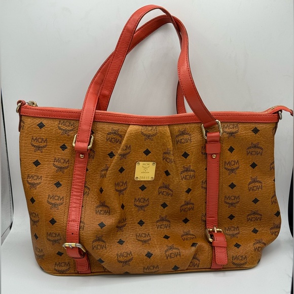 MCM Cognac Visetos Two Way Tote w/ Coral/Orange trim (Corail) ✔️Authentic - Picture 1 of 15